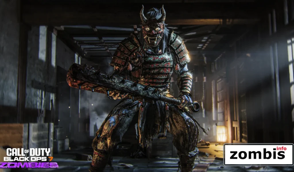 Oni acorazado con kanabo en un corredor oscuro del mapa Kowakujō de Call of Duty Zombies