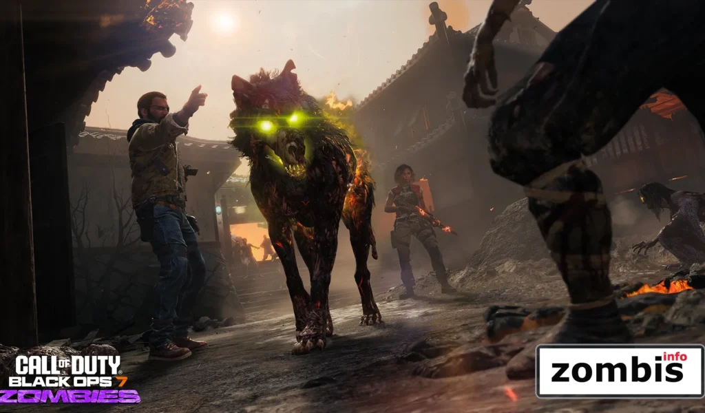 Hellhound en llamas cargando contra supervivientes en una calle del mapa Kowakujō de Call of Duty Zombies