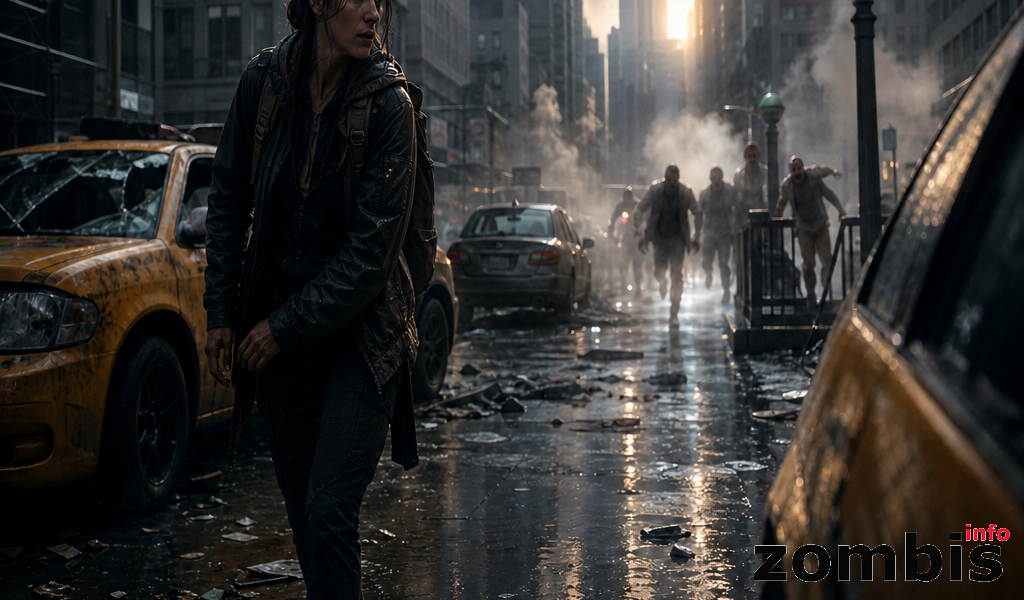 The Walking Dead Dead City temporada 3 en Manhattan con superviviente entre taxis destrozados