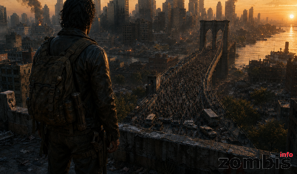 The Walking Dead Dead City temporada 3 con puente de Manhattan lleno de zombis