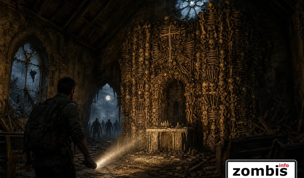 Templo de huesos levantado dentro de una capilla devastada mientras un superviviente alumbra la escena