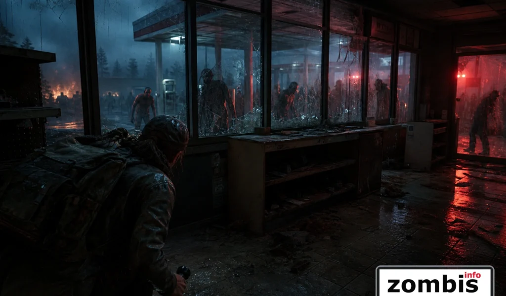 Superviviente registrando una gasolinera abandonada mientras varios zombis se acercan entre los cristales rotos
