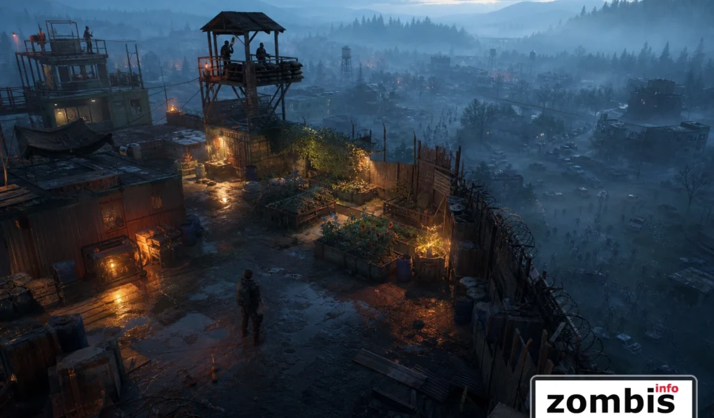 Refugio fortificado en una azotea con luces encendidas y una ciudad devastada llena de zombis al fondo