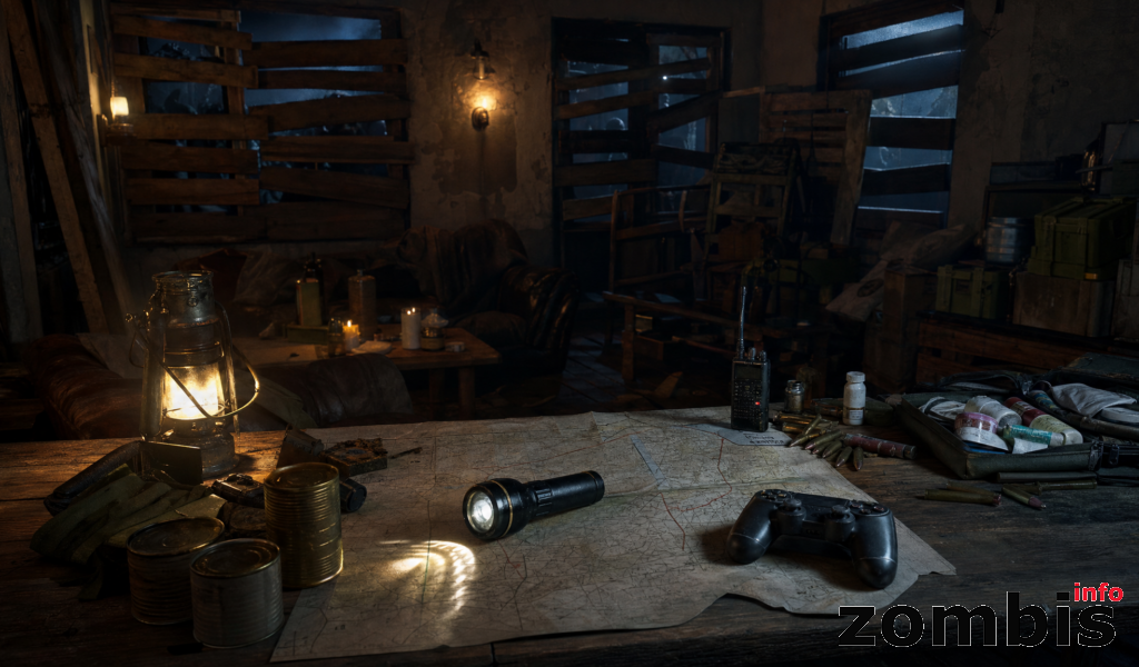 Refugio de supervivencia con ambiente de Project Zomboid Refugio improvisado con mapa, provisiones y equipo de supervivencia en una escena inspirada en Project Zomboid
