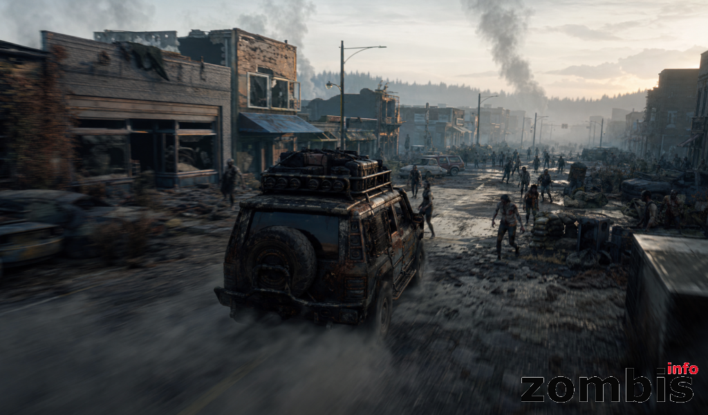 Huida desesperada entre zombis con atmósfera de Project Zomboid Coche de supervivientes escapando por una calle infestada de zombis en una escena inspirada en Project Zomboid