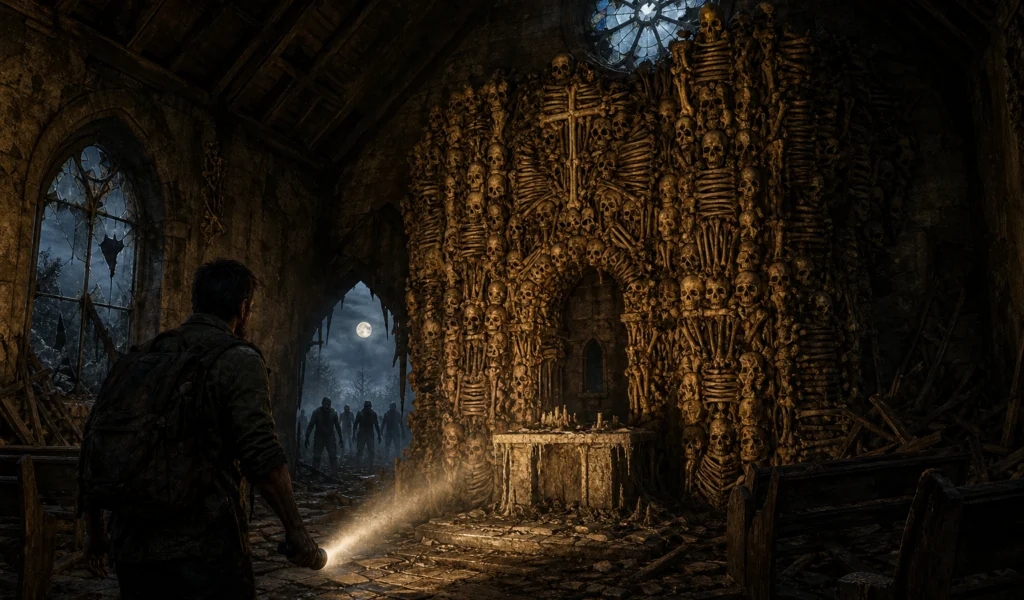 Templo de huesos levantado dentro de una capilla devastada mientras un superviviente alumbra la escena