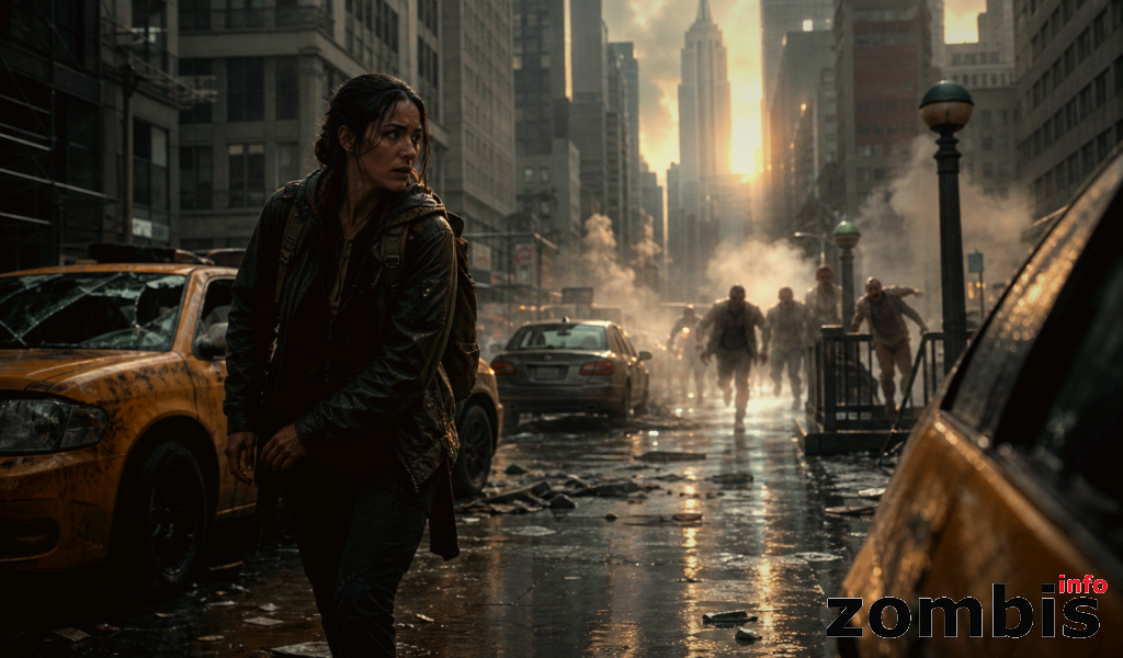 Pueblo español abandonado en el ambiente de Daryl Dixon temporada 3 Supervivientes cruzando un pueblo español abandonado con caminantes al fondo