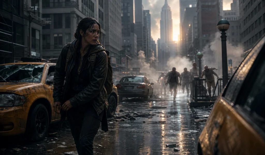 The Walking Dead Dead City temporada 3 en Manhattan con superviviente entre taxis destrozados