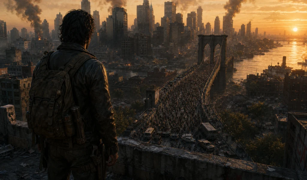The Walking Dead Dead City temporada 3 con puente de Manhattan lleno de zombis