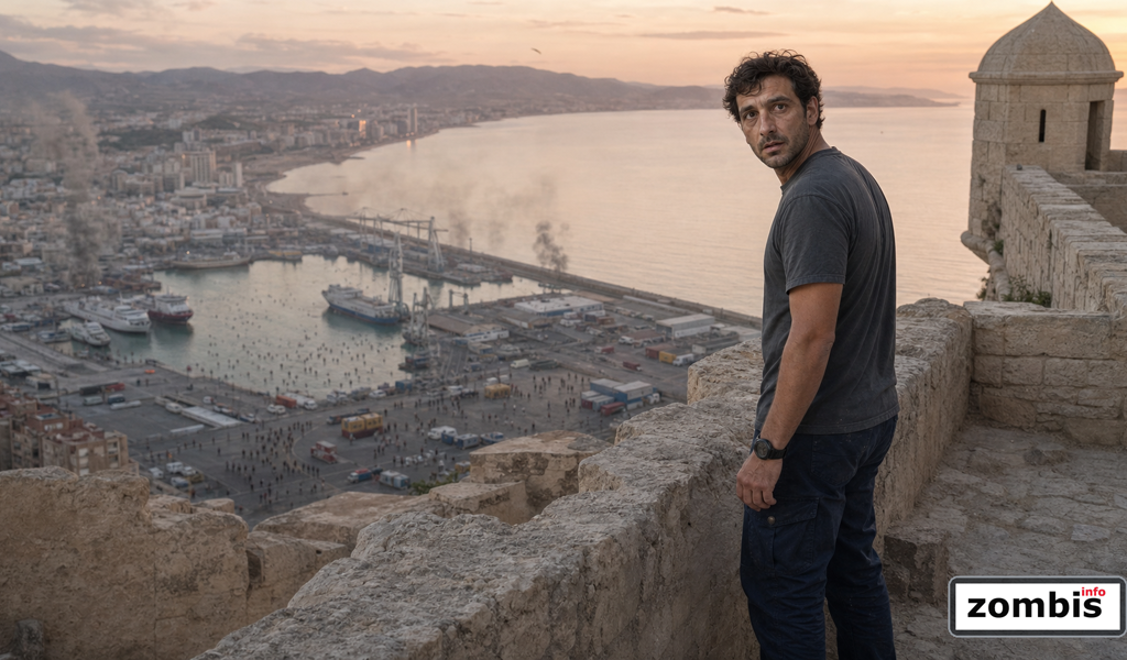 Marcos observa el puerto de Alicante desde el castillo de Santa Bárbara al amanecer