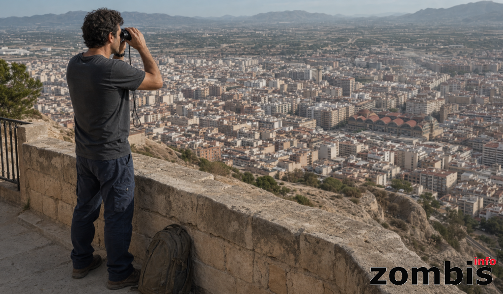 Marcos Vidal observa con prismáticos el lejano Mercado Central desde lo alto del castillo de Santa Bárbara