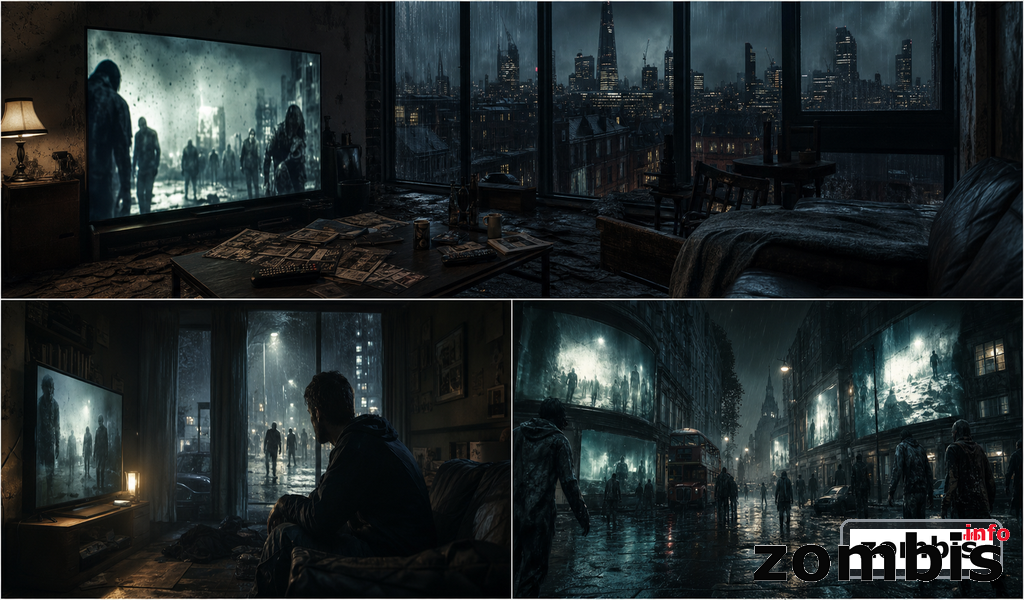 Lanzamiento del canal FAST de The Walking Dead Universe Grupo de caminantes avanzando frente a pantallas gigantes de una plataforma de streaming en una noche lluviosa