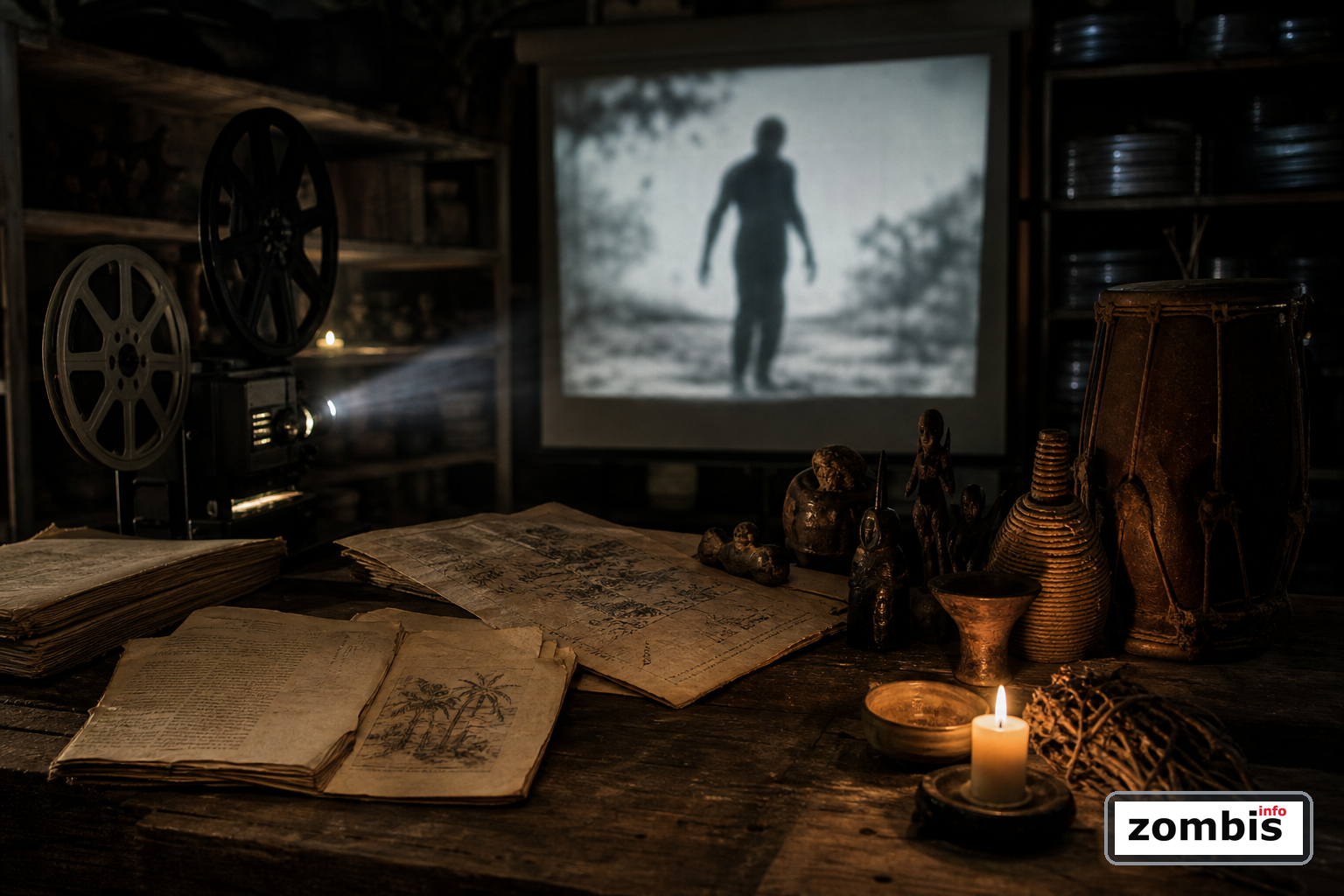 Mesa con documentos, carretes de cine y una proyección borrosa que evoca el origen histórico del zombi