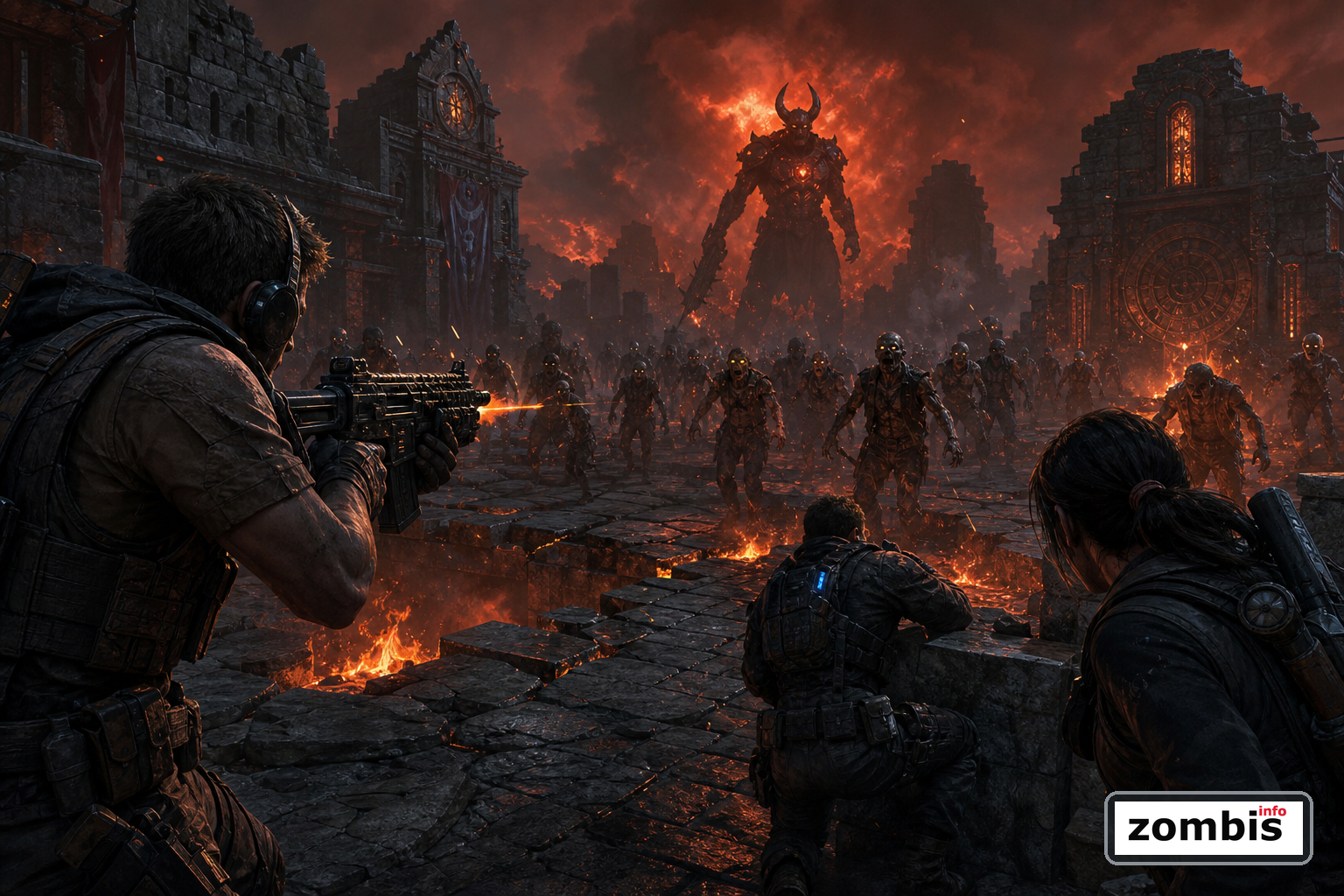 Supervivientes frente a una horda zombi en un escenario infernal inspirado en Rex Infernus de Black Ops 7
