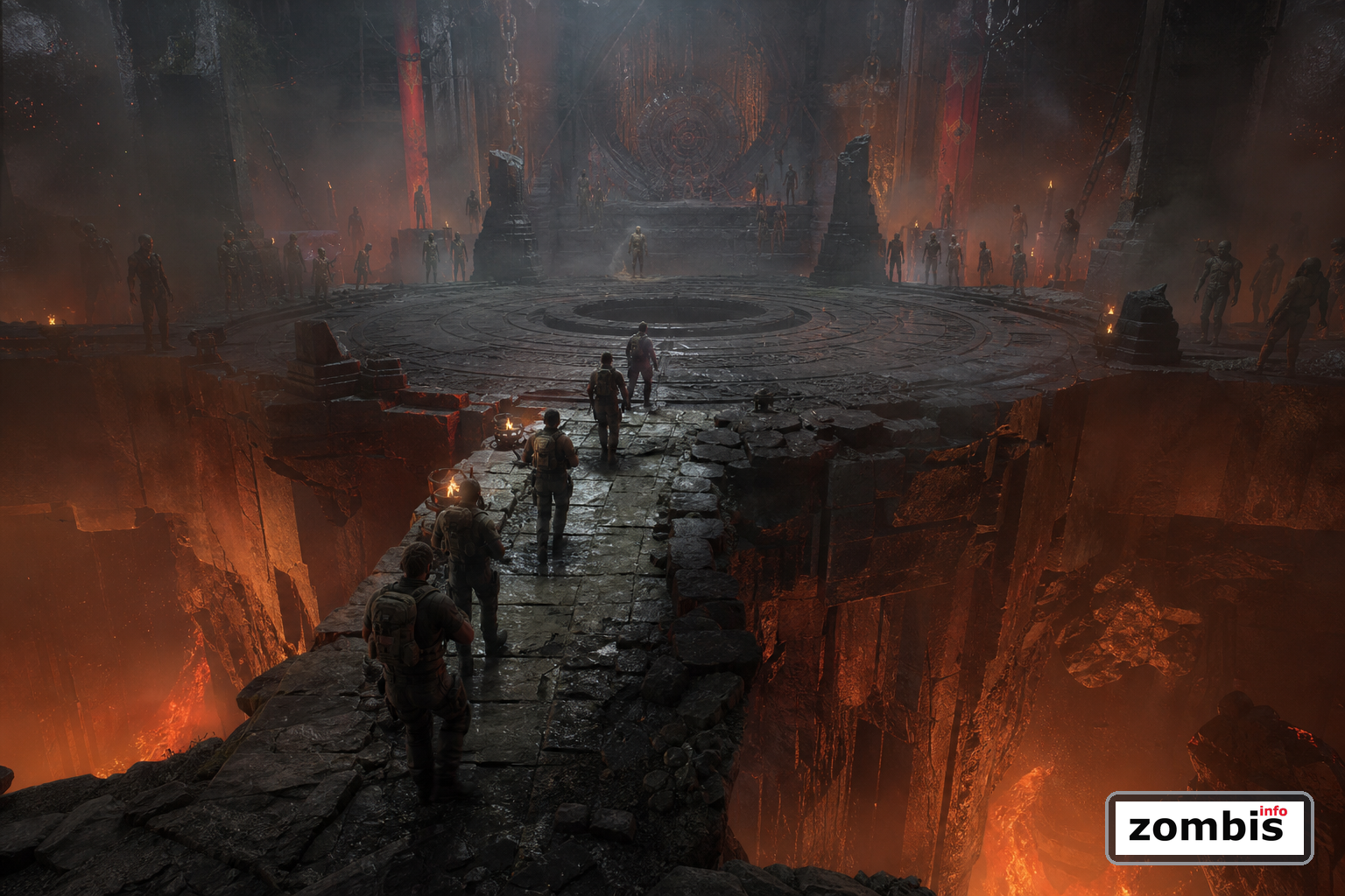 Supervivientes avanzando hacia una cámara infernal circular rodeada de zombis, inspirada en Rex Infernus