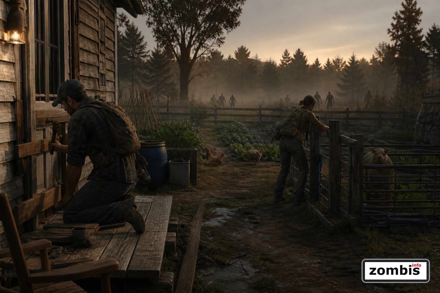 Ganadería y supervivencia avanzada en Project Zomboid Build 42.20 Refugio rural fortificado con supervivientes, animales de granja y un bosque oscuro plagado de zombis al fondo