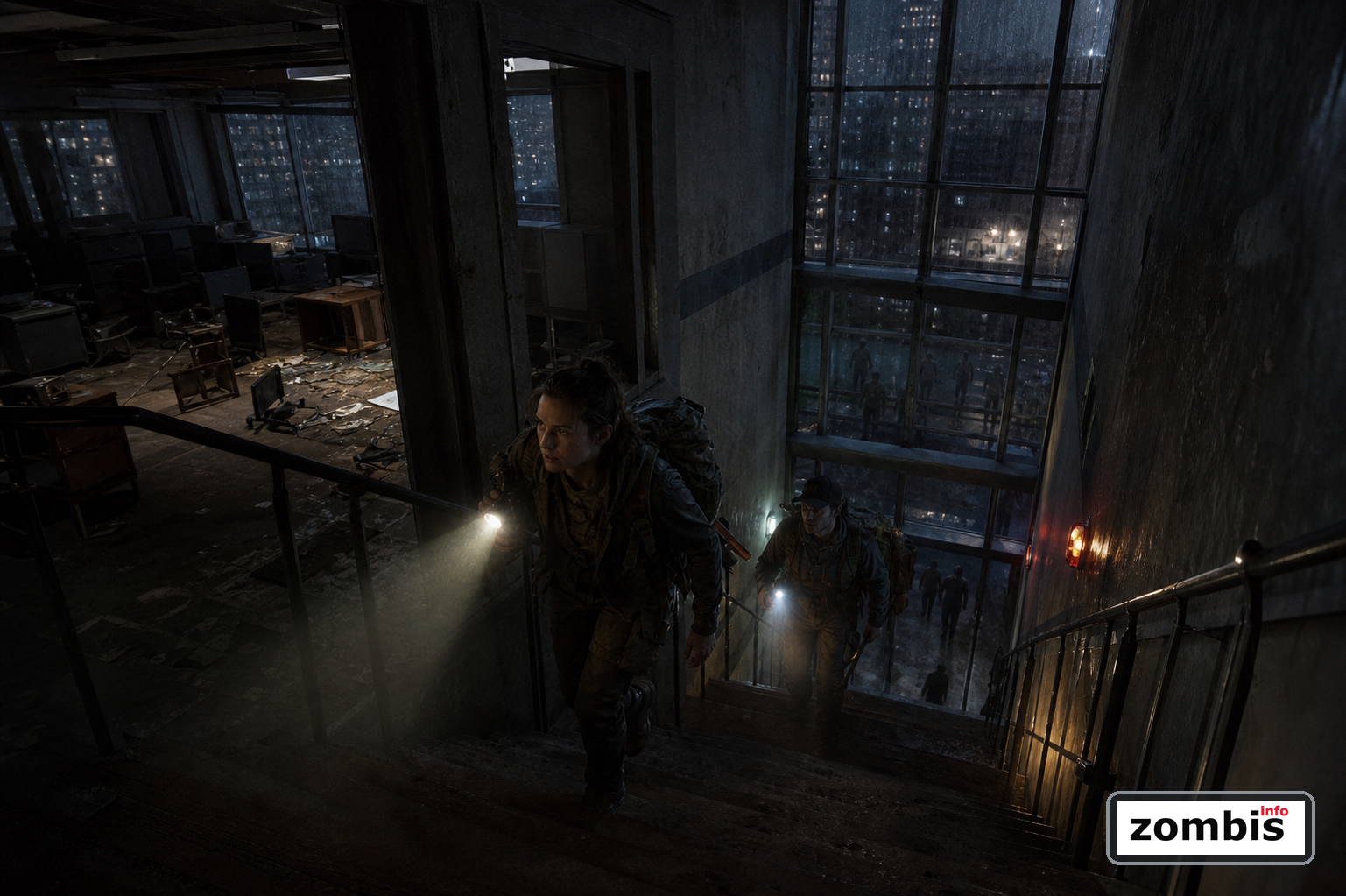 Exploración vertical y hordas en Project Zomboid Build 42.20 Supervivientes recorriendo el interior de un rascacielos oscuro con varias plantas infestadas por zombis