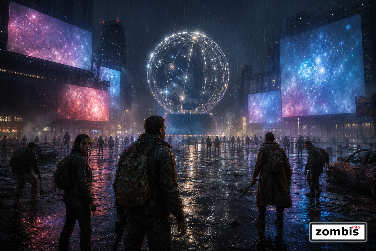 Expansión global de The Walking Dead en Netflix Plaza nocturna con pantallas gigantes, supervivientes y caminantes bajo una atmósfera de expansión global del streaming zombi