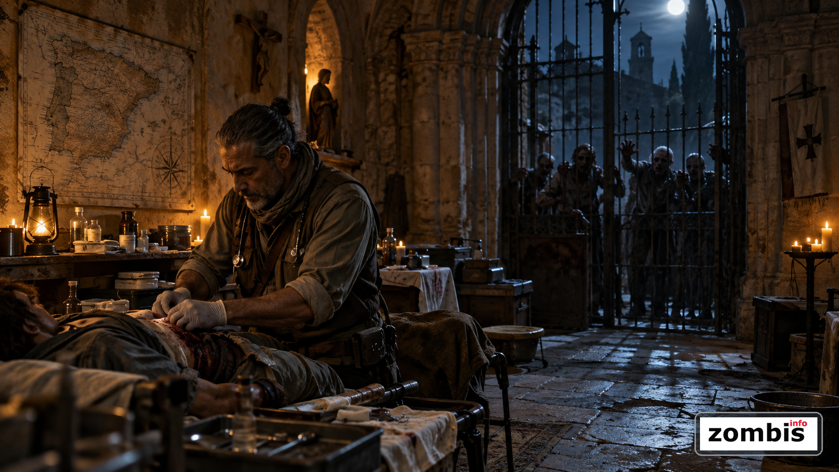 Alejandro Perkins y la supervivencia medica en Daryl Dixon temporada final Medico superviviente atiende a un herido en una clinica improvisada dentro de un monasterio espanol mientras caminantes presionan una verja