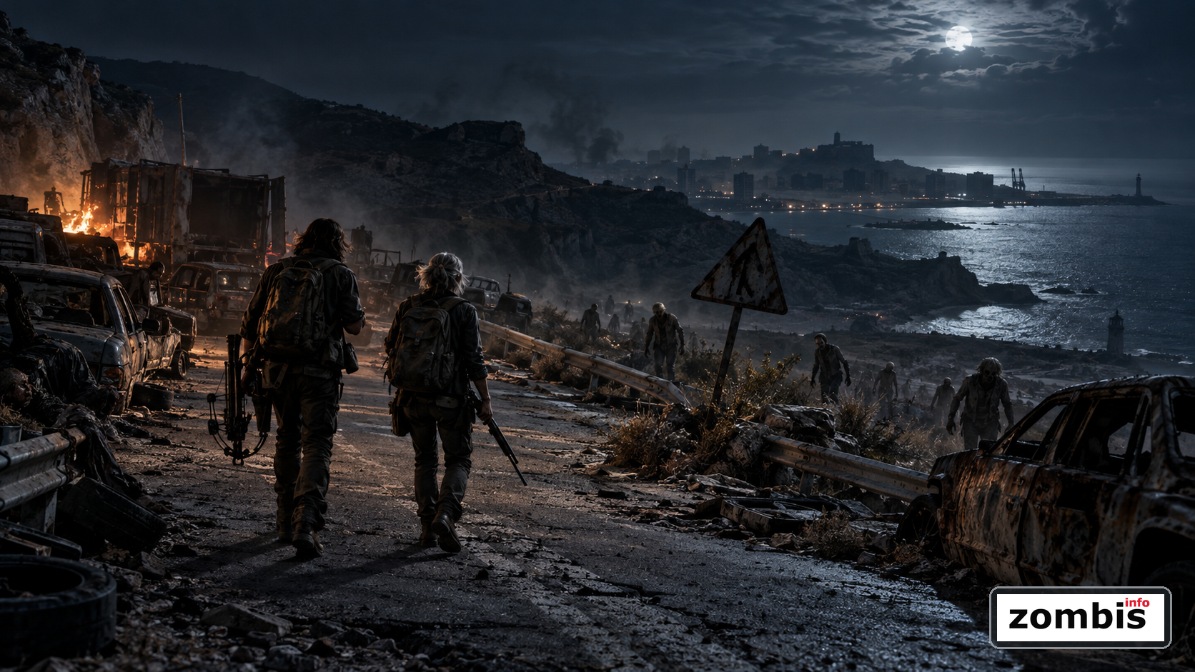 La ruta espanola de Daryl y Carol en la temporada final Dos supervivientes avanzan por una carretera costera espanola destruida mientras varios caminantes emergen entre vehiculos quemados