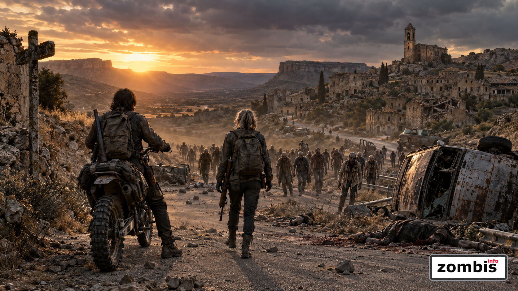 Daryl Dixon temporada final en Espana: primer vistazo oficial de AMC Dos supervivientes cruzan una carretera destruida en la Espana apocaliptica ante una horda de caminantes