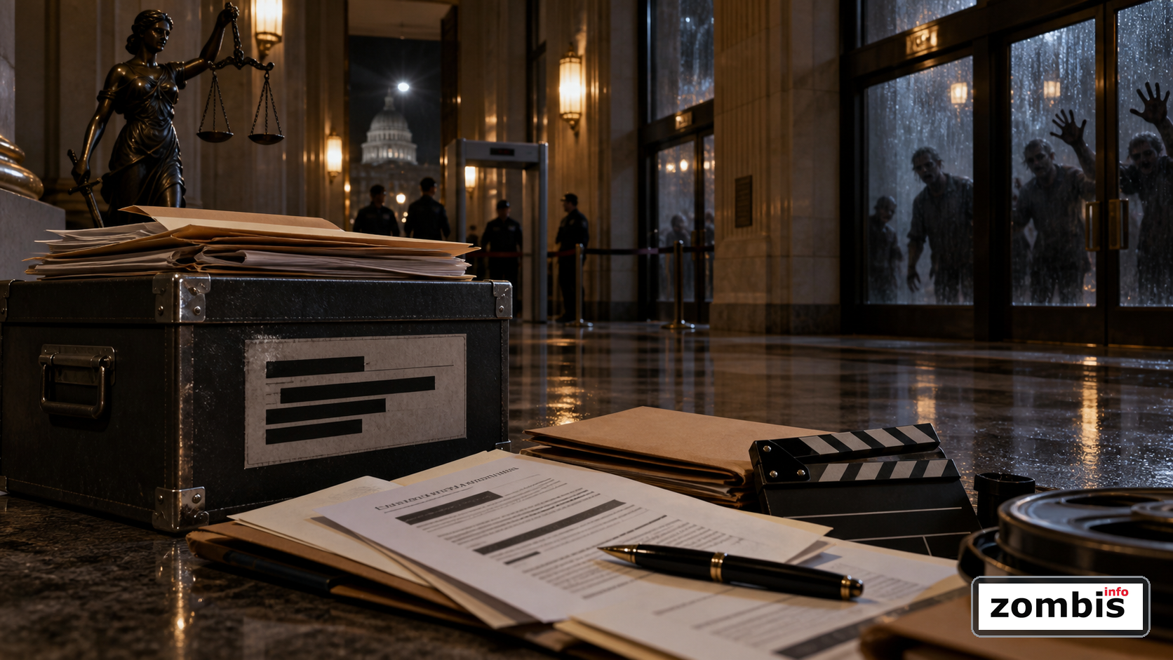 La disputa por beneficios de The Walking Dead como escena legal de horror Pasillo de juzgado con expedientes, contratos y siluetas zombis tras la lluvia