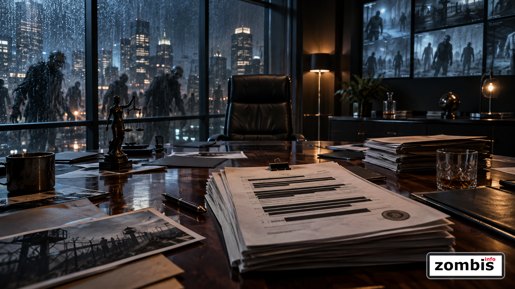 Acuerdo de AMC por The Walking Dead representado como una escena de contratos y zombis Sala ejecutiva nocturna con contratos y sombras zombis que representa el acuerdo de AMC por The Walking Dead