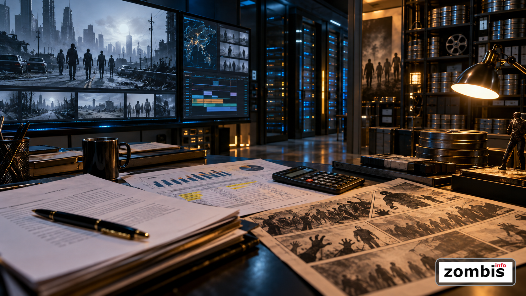 El valor futuro del universo The Walking Dead tras el acuerdo legal Sala de archivo audiovisual con pantallas, contratos y cronologías de una franquicia zombi