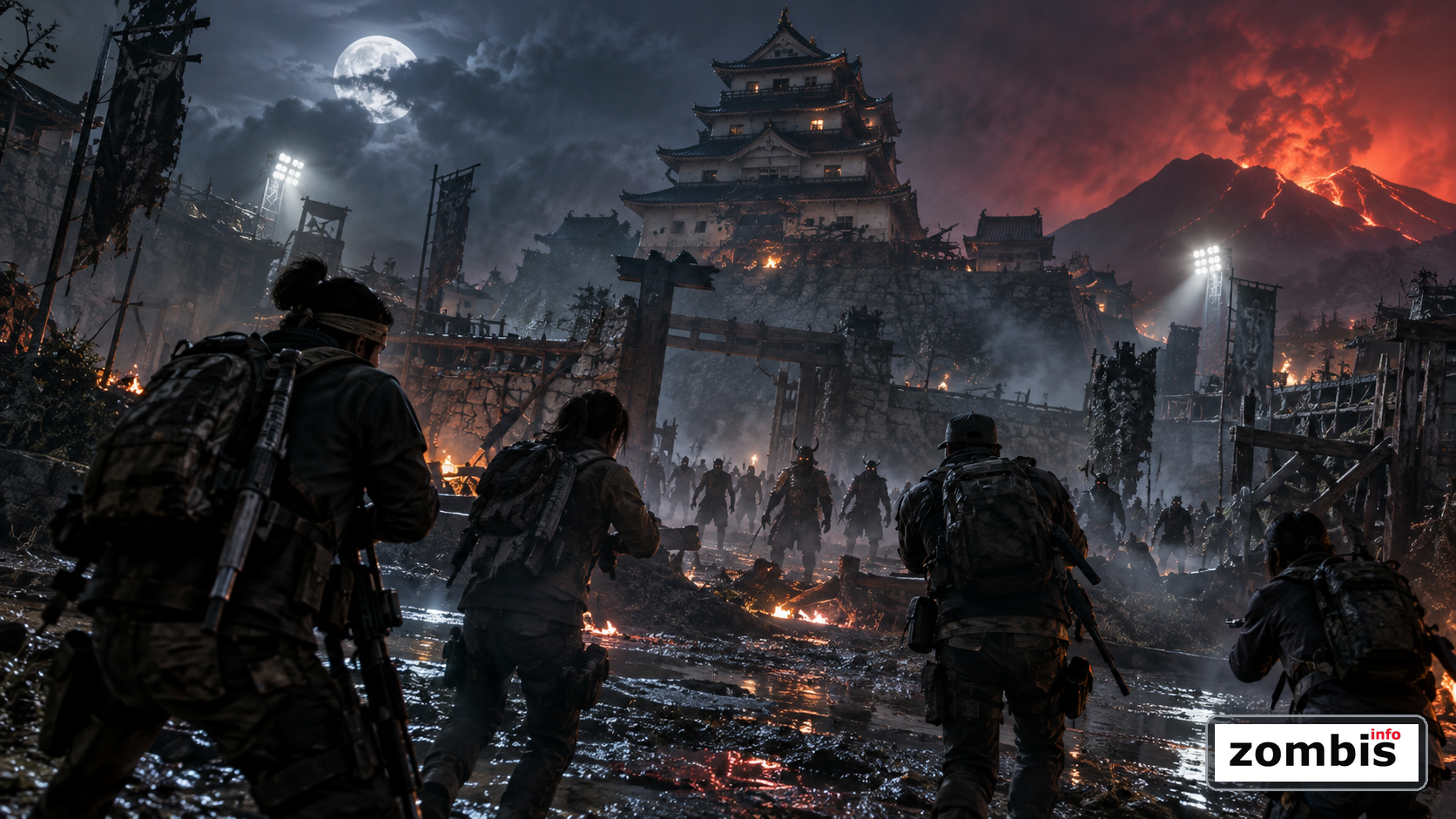 Call of Duty The Haunting Season 06 y su nueva oleada zombi Supervivientes acercandose a un castillo japones en ruinas tomado por zombis bajo una luna de Halloween