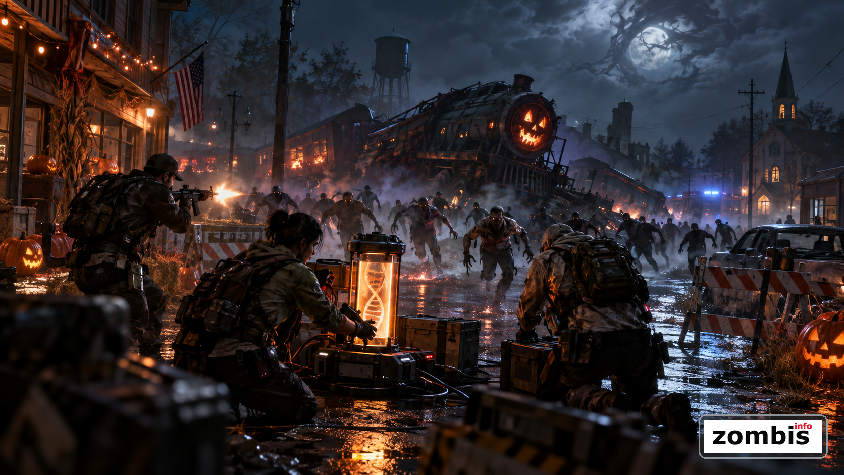 Giant Infected lleva la horda zombi a Haunted Hollow Supervivientes defendiendo una bomba de ADN ante una horda de infectados en una ciudad de Halloween con tren fantasma