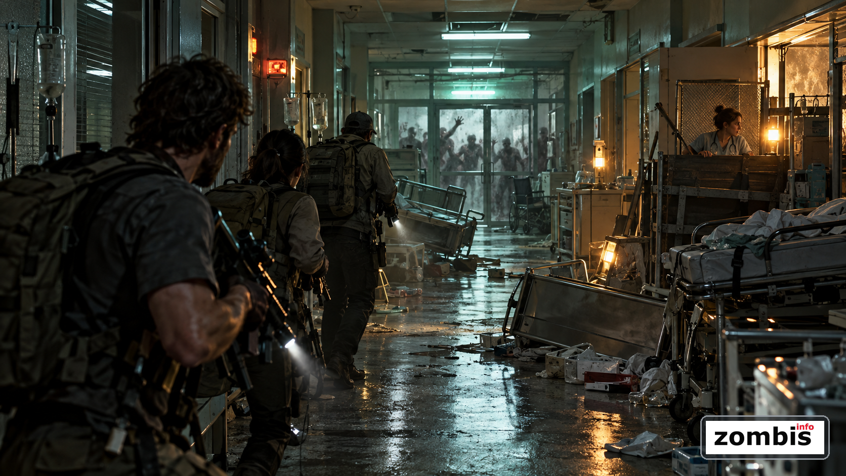 La mision al continente en Apocalipsis Z Nuevo Mundo Equipo de supervivientes entrando en un hospital abandonado mientras los infectados golpean puertas al fondo en Apocalipsis Z Nuevo Mundo